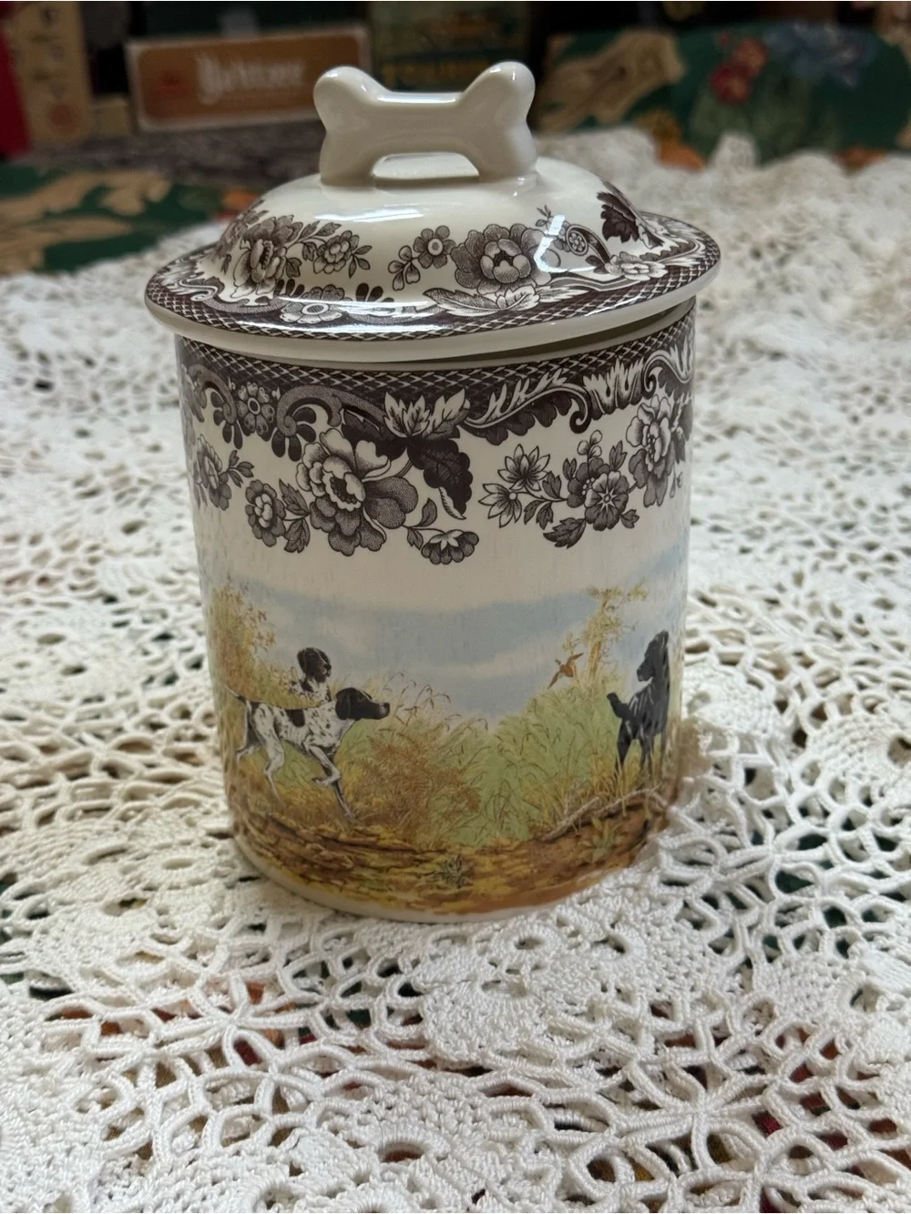 Spode Ceramic Canister with Brown Floral Border and Scenic Dog Motif
